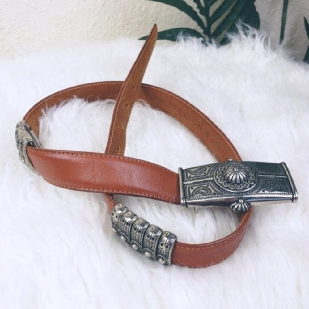 Vintage Brown Leather Belt with Ornate Silver Buckle - Picture 2 of 10